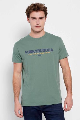 Funky Buddha ανδρικό βαμβακερό T-shirt με contrast logo print μπροστά - FBM007-324-04 Λαδί